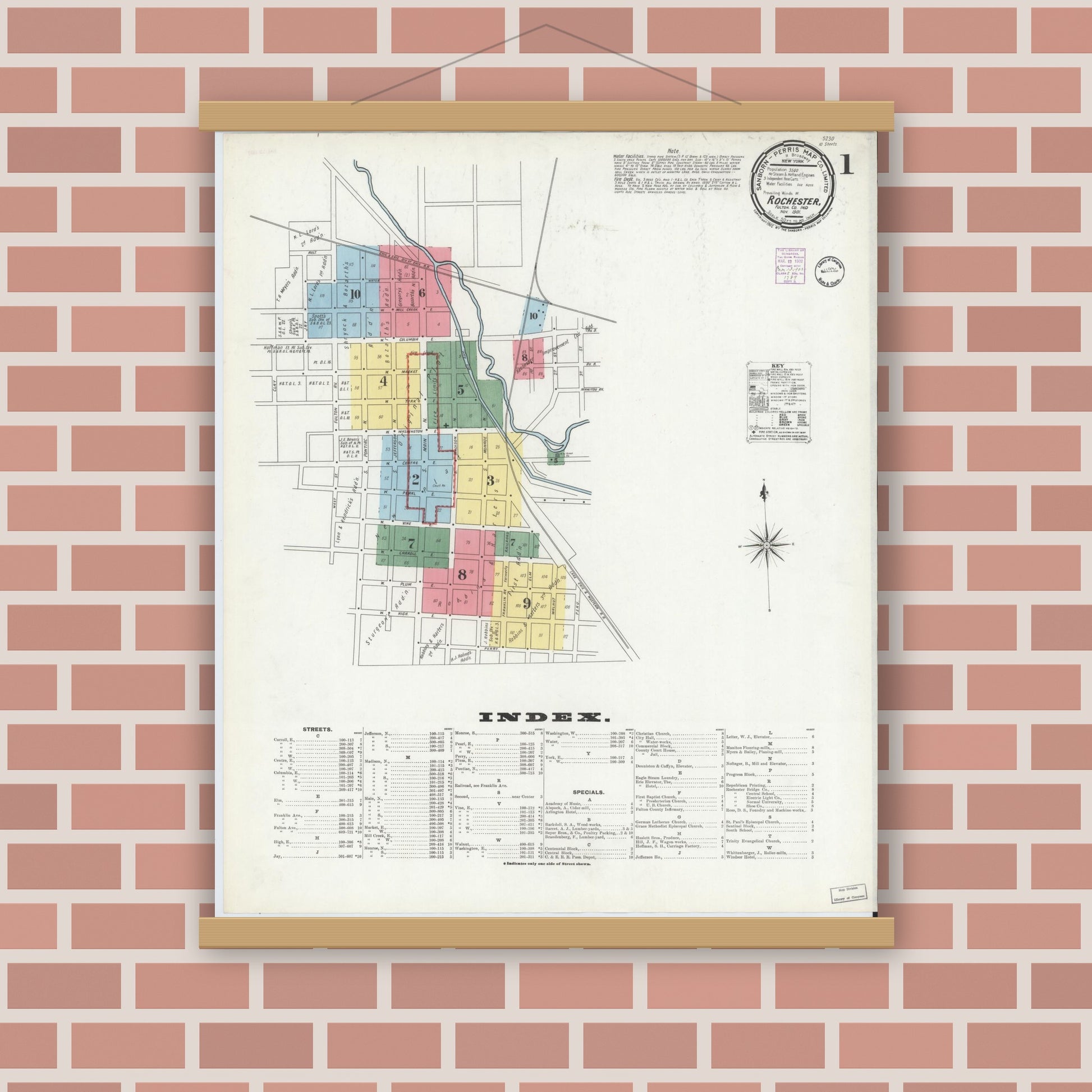 Old map wall art mockup — magnetic wood frame on brick wall — Sanborn Fire Insurance Map from Rochester, Fulton County, Indiana (1901) - Complete Map Set