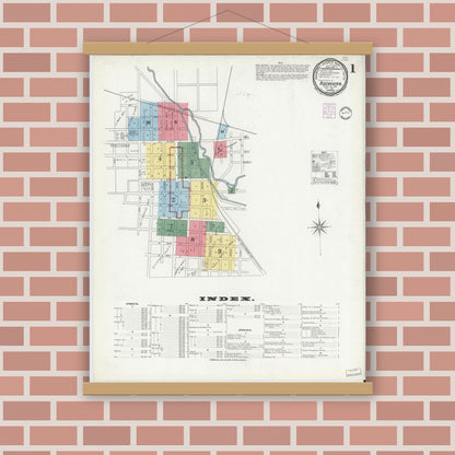 Old map wall art mockup — magnetic wood frame on brick wall — Sanborn Fire Insurance Map from Rochester, Fulton County, Indiana (1901) - Complete Map Set