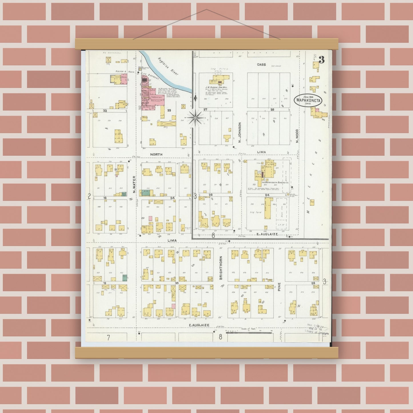 Old map wall art mockup — magnetic wood frame on brick wall — Sanborn Fire Insurance Map from Wapakoneta, Auglaize County, Ohio (1904), Sheet #0003