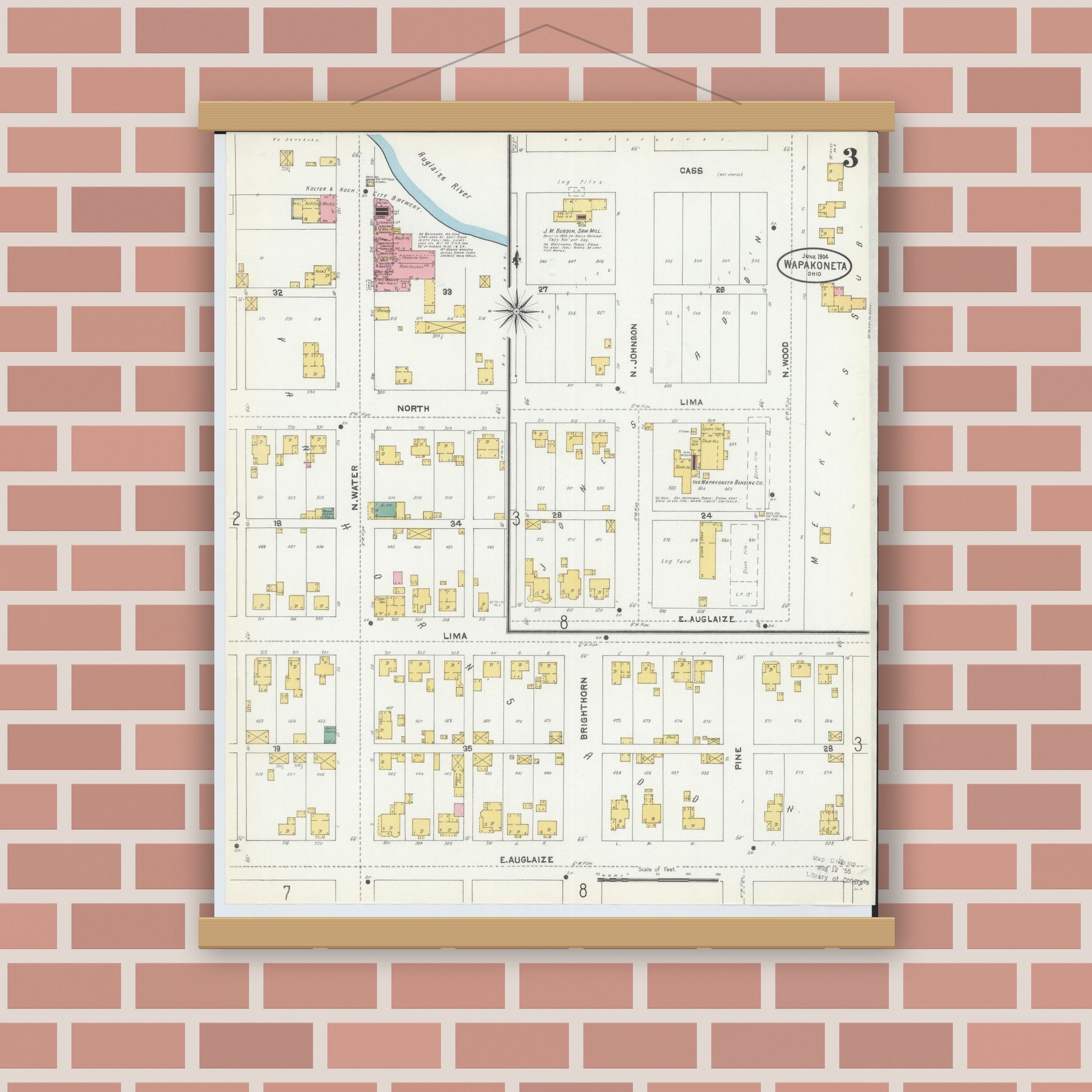 Old map wall art mockup — magnetic wood frame on brick wall — Sanborn Fire Insurance Map from Wapakoneta, Auglaize County, Ohio (1904), Sheet #0003