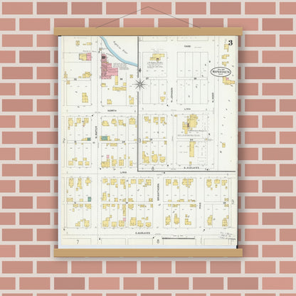 Old map wall art mockup — magnetic wood frame on brick wall — Sanborn Fire Insurance Map from Wapakoneta, Auglaize County, Ohio (1904), Sheet #0003