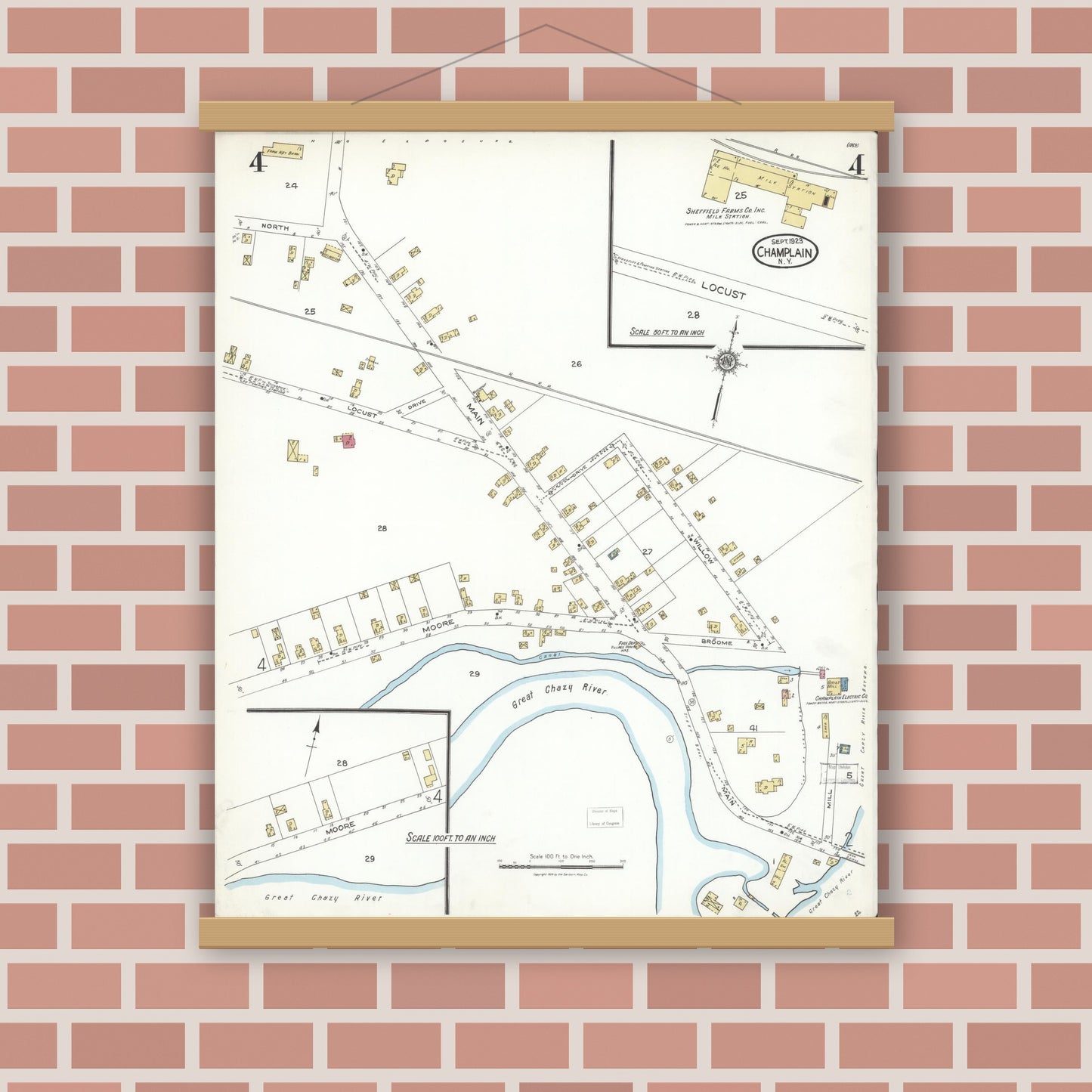 Old map wall art mockup — magnetic wood frame on brick wall — Sanborn Fire Insurance Map from Champlain, Clinton County, New York (1923), Sheet #0004