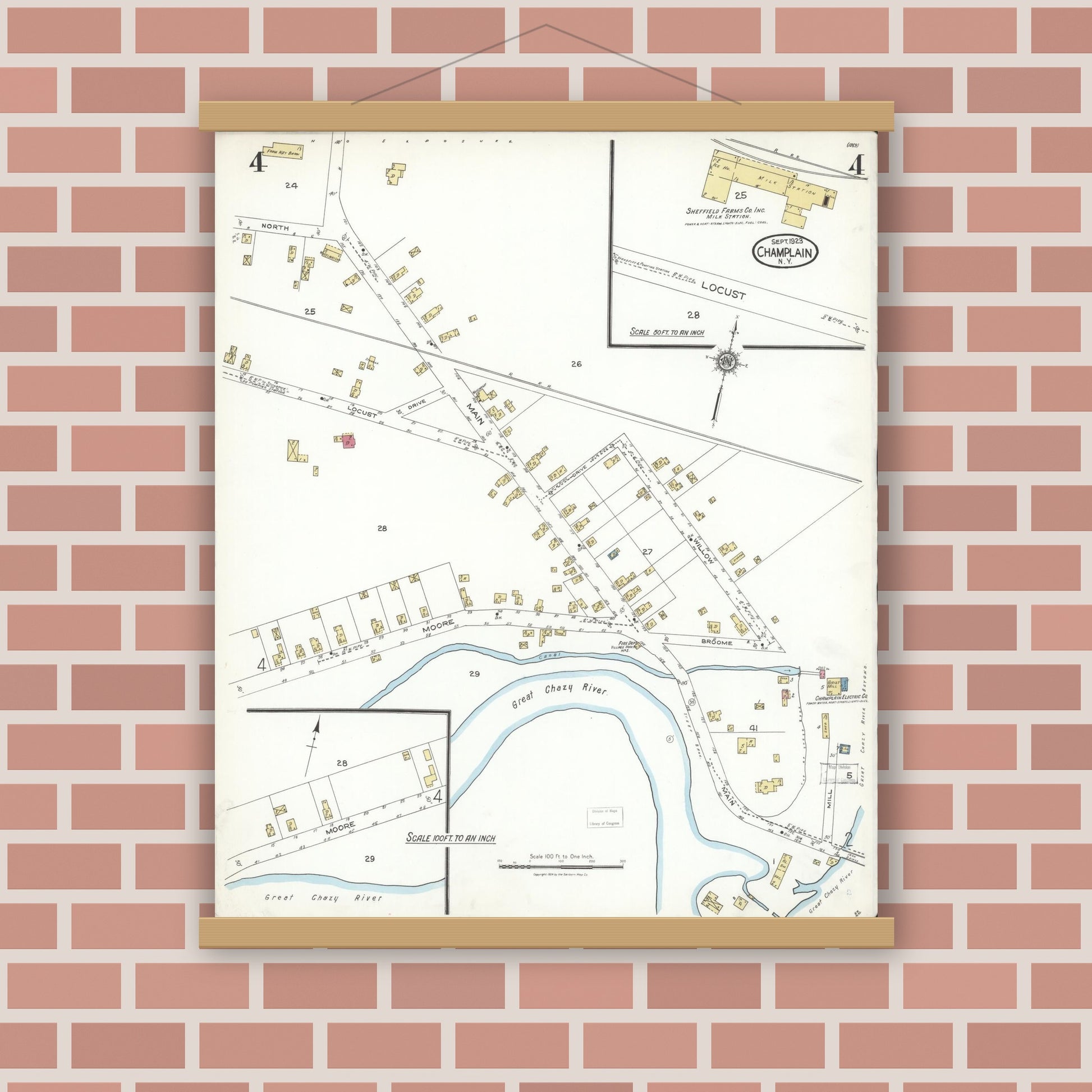 Old map wall art mockup — magnetic wood frame on brick wall — Sanborn Fire Insurance Map from Champlain, Clinton County, New York (1923), Sheet #0004