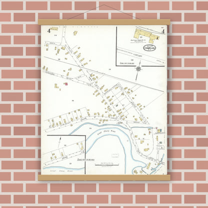 Old map wall art mockup — magnetic wood frame on brick wall — Sanborn Fire Insurance Map from Champlain, Clinton County, New York (1923), Sheet #0004