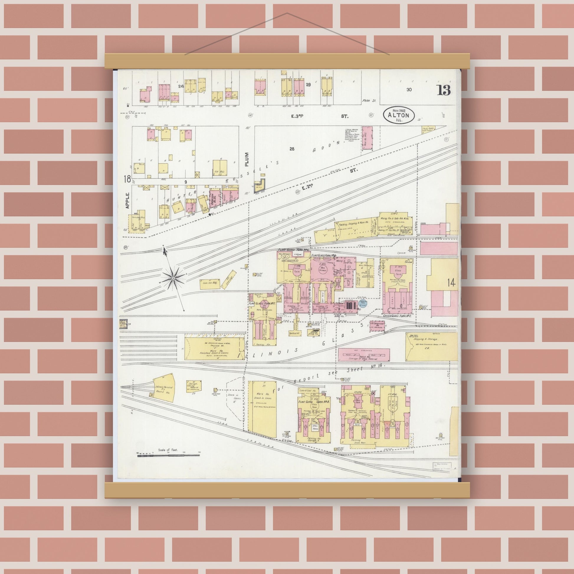 Old map wall art mockup — magnetic wood frame on brick wall — Sanborn Fire Insurance Map from Alton, Madison County, Illinois (1902), Sheet #0013