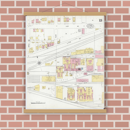 Old map wall art mockup — magnetic wood frame on brick wall — Sanborn Fire Insurance Map from Alton, Madison County, Illinois (1902), Sheet #0013