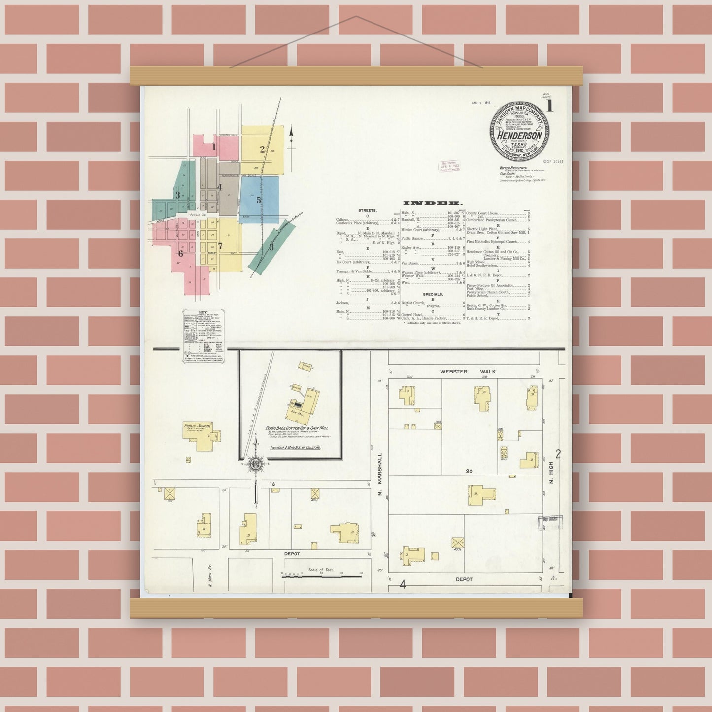 Old map wall art mockup — magnetic wood frame on brick wall — Sanborn Fire Insurance Map from Henderson, Rusk County, Texas (1912), Sheet #0001