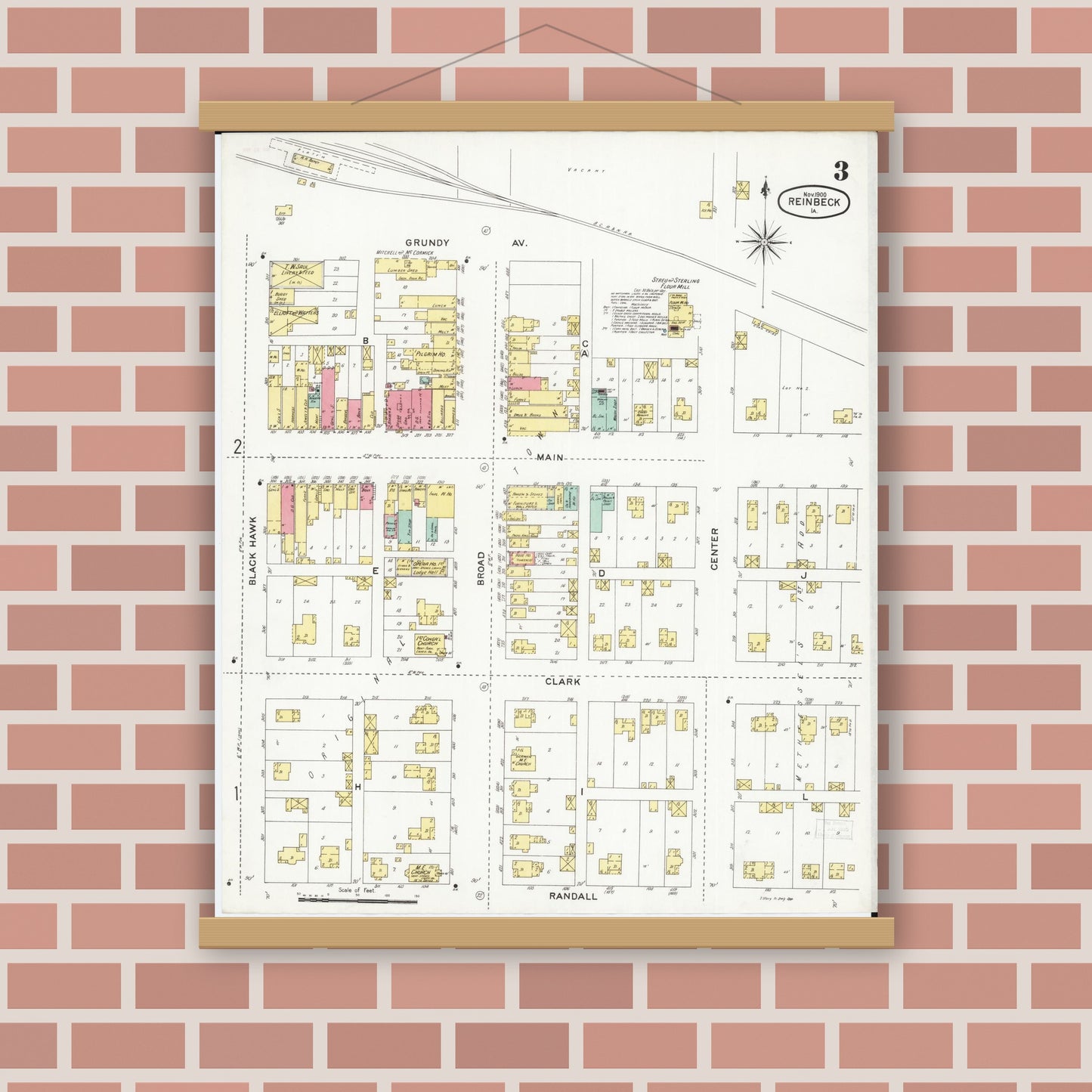 Old map wall art mockup — magnetic wood frame on brick wall — Sanborn Fire Insurance Map from Reinbeck, Grundy County, Iowa (1900), Sheet #0003