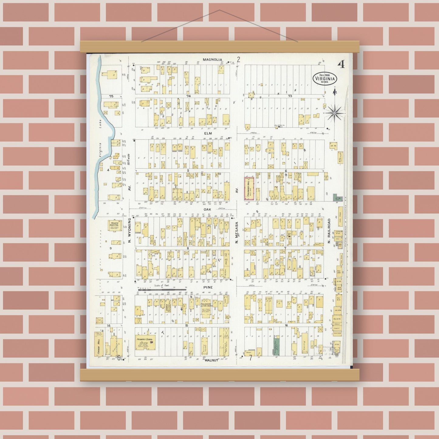 Old map wall art mockup — magnetic wood frame on brick wall — Sanborn Fire Insurance Map from Virginia, Saint Louis County, Minnesota (1908), Sheet #0004