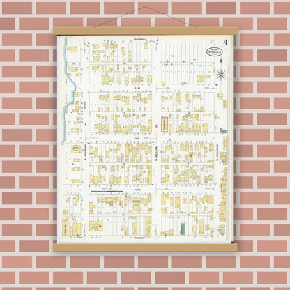 Old map wall art mockup — magnetic wood frame on brick wall — Sanborn Fire Insurance Map from Virginia, Saint Louis County, Minnesota (1908), Sheet #0004