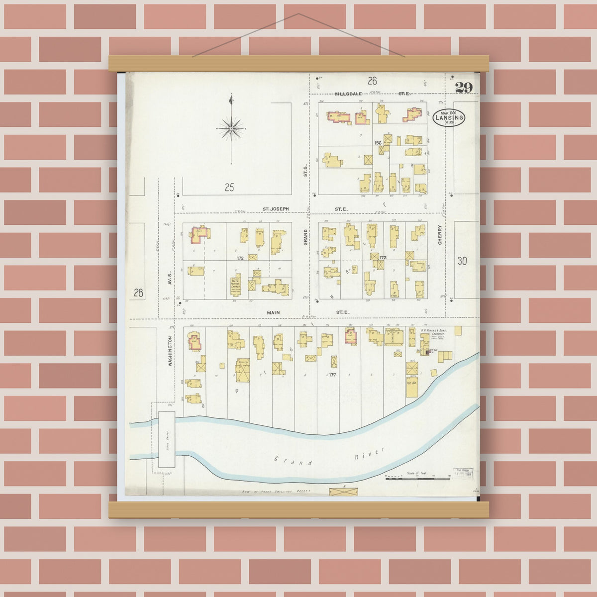 Old map wall art mockup — magnetic wood frame on brick wall — Sanborn Fire Insurance Map from Lansing, Ingham County, Michigan (1906), Sheet #0029