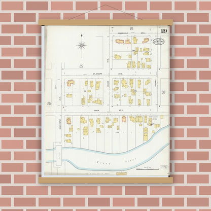 Old map wall art mockup — magnetic wood frame on brick wall — Sanborn Fire Insurance Map from Lansing, Ingham County, Michigan (1906), Sheet #0029