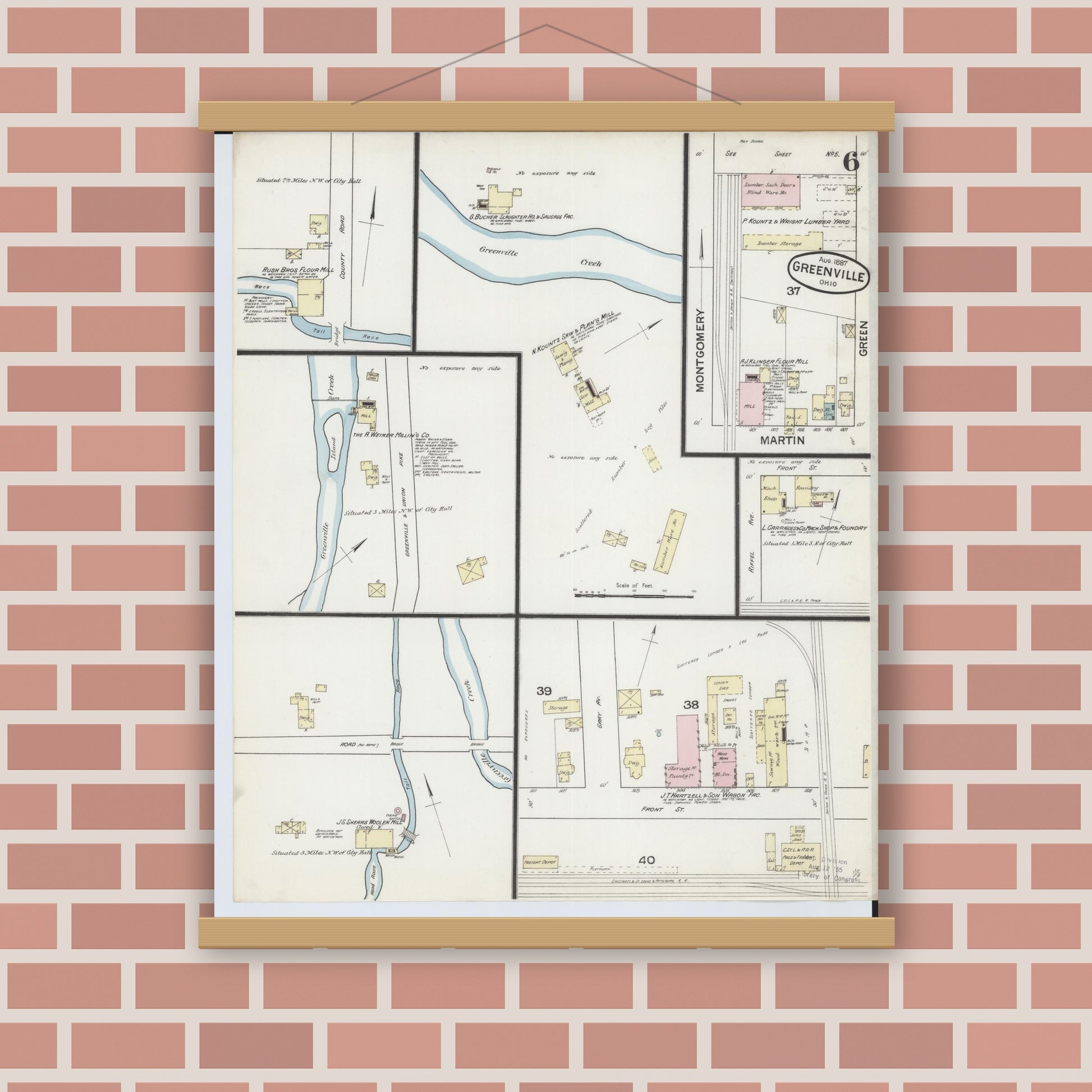 Old map wall art mockup — magnetic wood frame on brick wall — Sanborn Fire Insurance Map from Greenville, Darke County, Ohio (1887), Sheet #0006