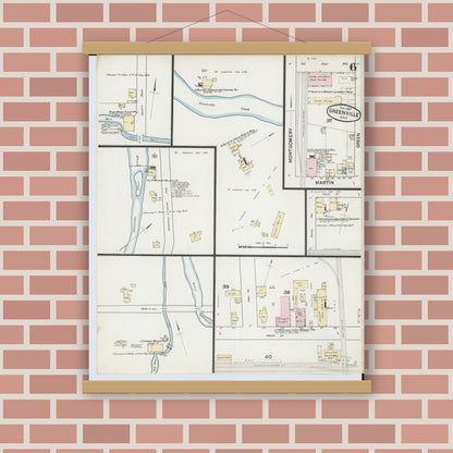 Old map wall art mockup — magnetic wood frame on brick wall — Sanborn Fire Insurance Map from Greenville, Darke County, Ohio (1887), Sheet #0006