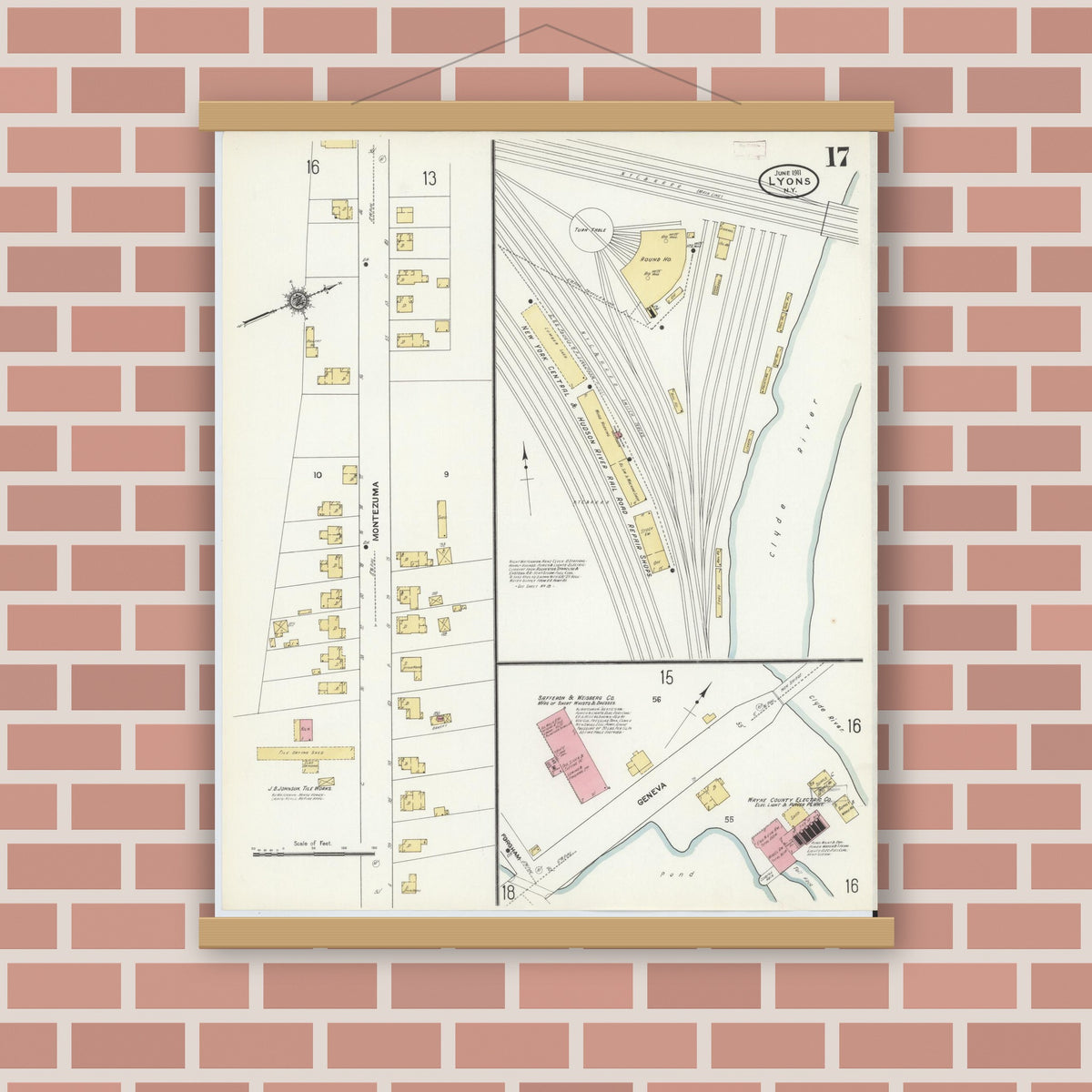 Old map wall art mockup — magnetic wood frame on brick wall — Sanborn Fire Insurance Map from Lyons, Wayne County, New York (1911), Sheet #0017