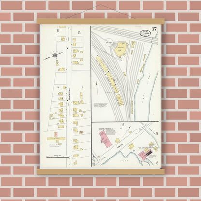 Old map wall art mockup — magnetic wood frame on brick wall — Sanborn Fire Insurance Map from Lyons, Wayne County, New York (1911), Sheet #0017