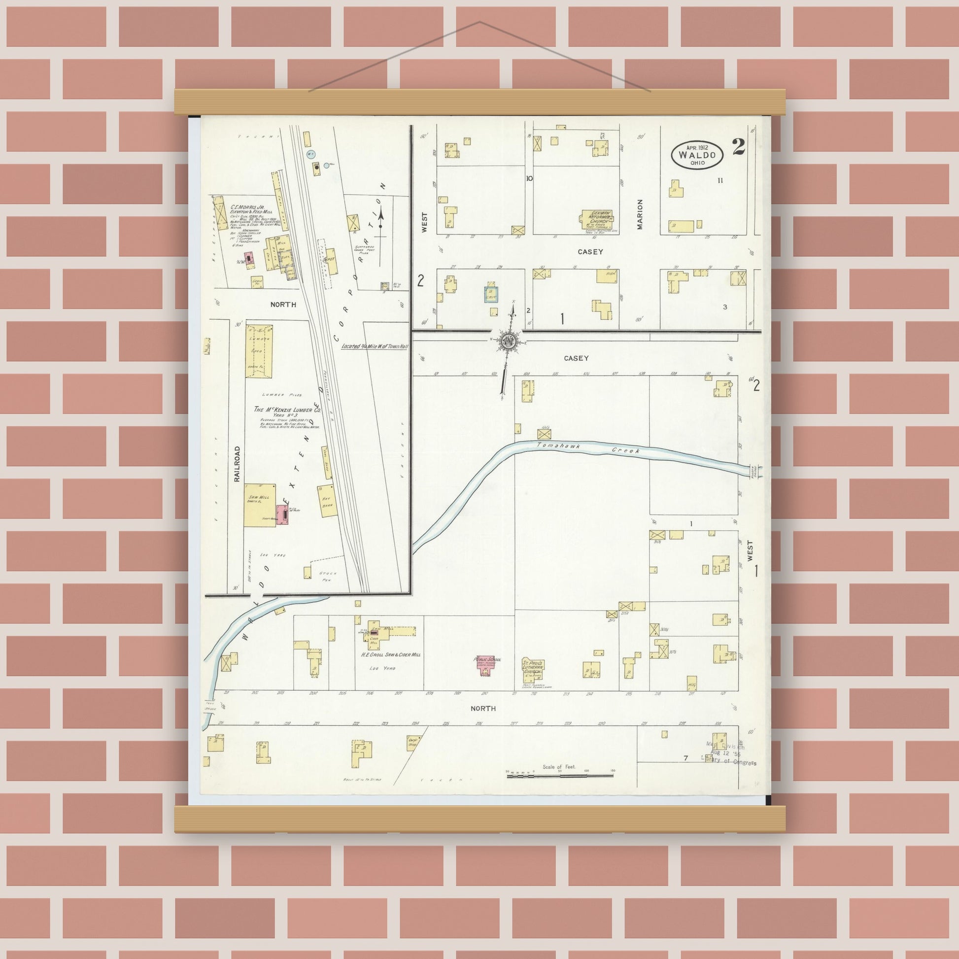 Old map wall art mockup — magnetic wood frame on brick wall — Sanborn Fire Insurance Map from Waldo, Marion County, Ohio (1912), Sheet #0002