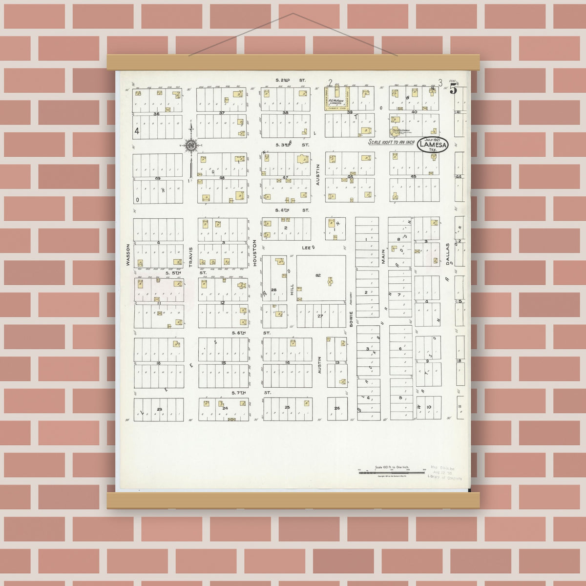 Old map wall art mockup — magnetic wood frame on brick wall — Sanborn Fire Insurance Map from Lamesa, Dawson County, Texas (1921), Sheet #0005