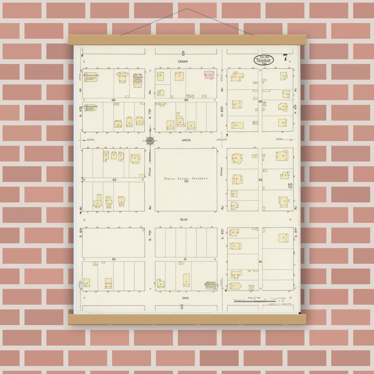 Old map wall art mockup — magnetic wood frame on brick wall — Sanborn Fire Insurance Map from Teague, Freestone County, Texas (1914), Sheet #0007