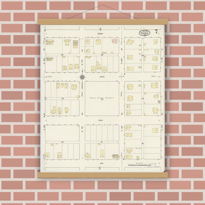 Old map wall art mockup — magnetic wood frame on brick wall — Sanborn Fire Insurance Map from Teague, Freestone County, Texas (1914), Sheet #0007