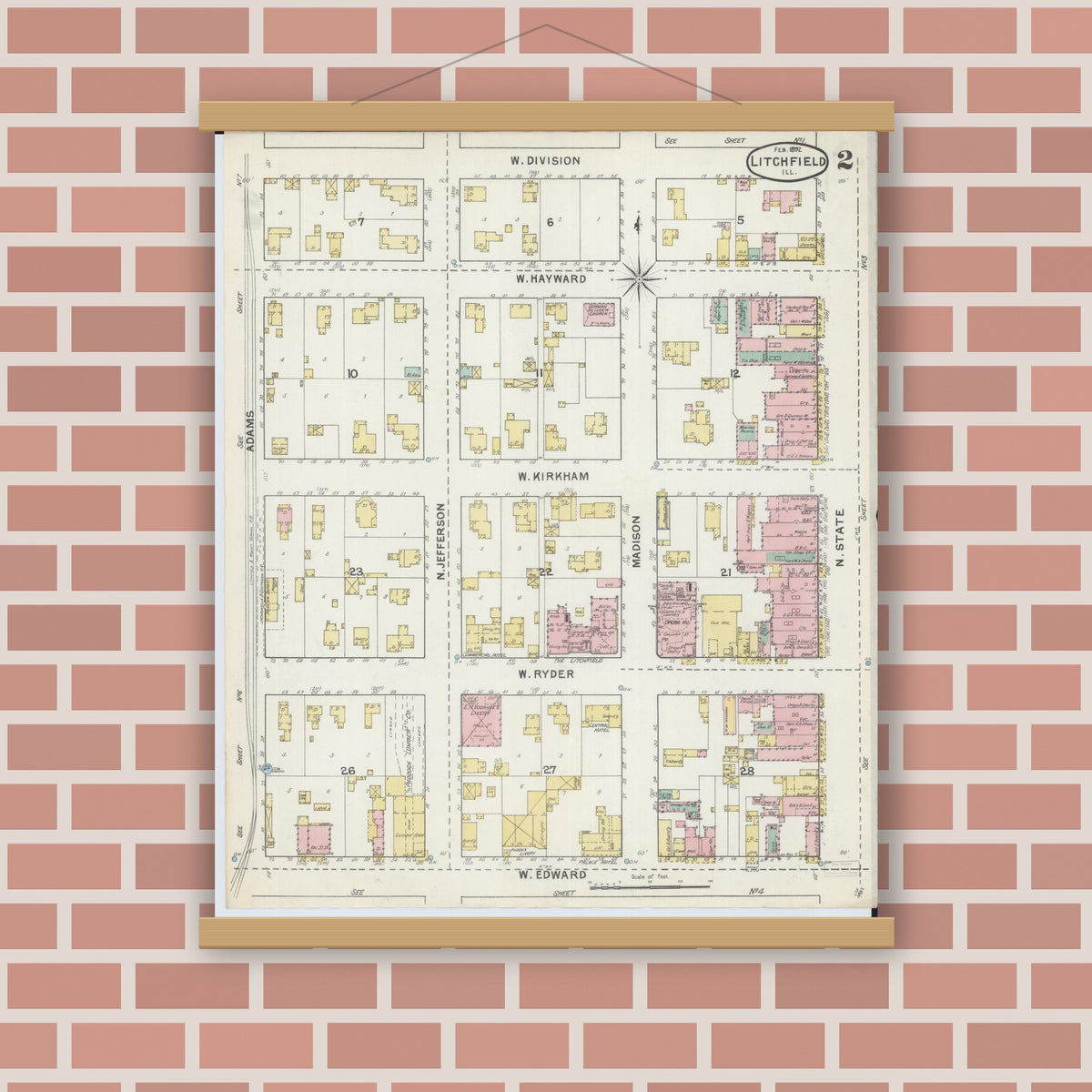 Old map wall art mockup — magnetic wood frame on brick wall — Sanborn Fire Insurance Map from Litchfield, Montgomery County, Illinois (1892), Sheet #0002