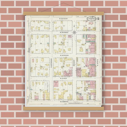 Old map wall art mockup — magnetic wood frame on brick wall — Sanborn Fire Insurance Map from Litchfield, Montgomery County, Illinois (1892), Sheet #0002