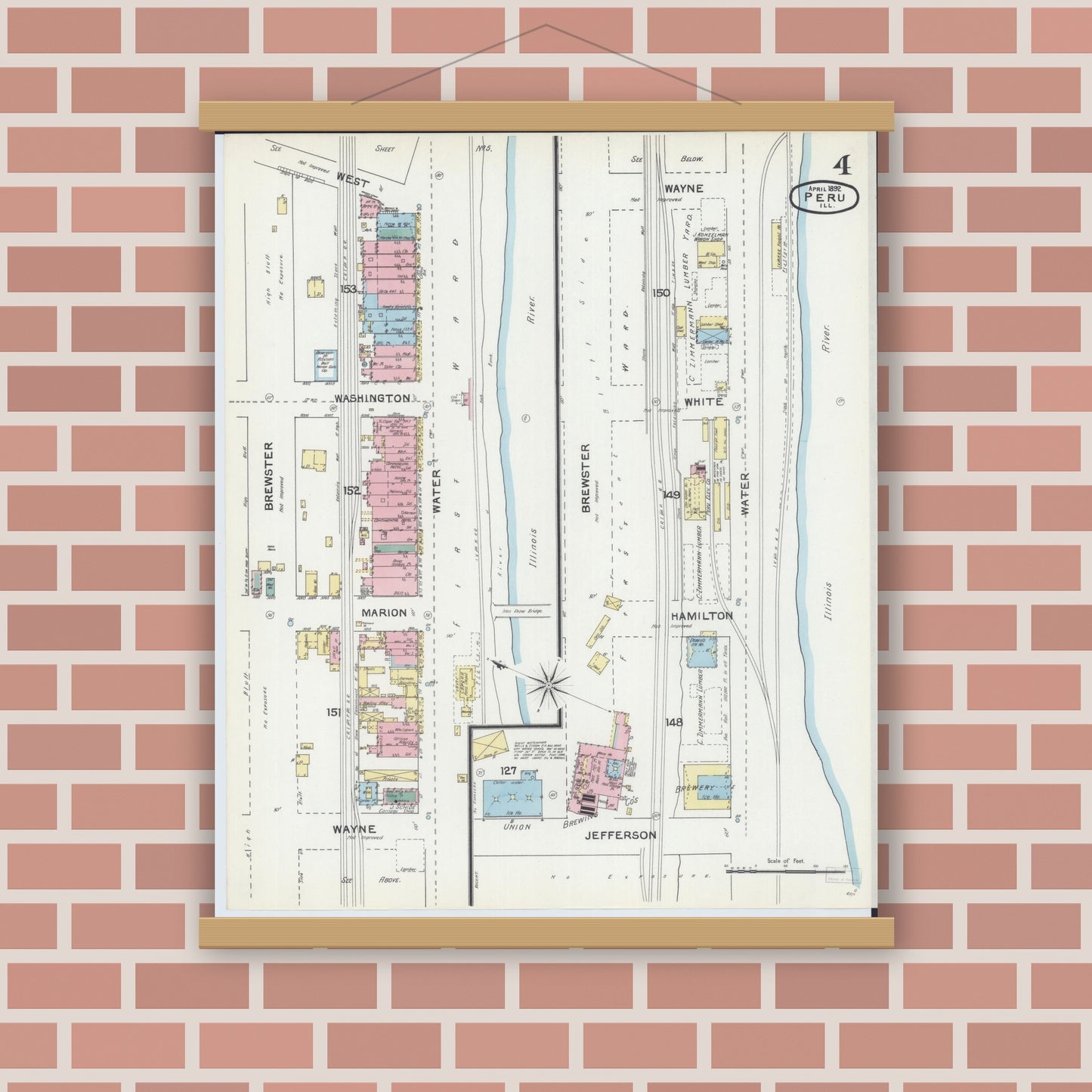 Old map wall art mockup — magnetic wood frame on brick wall — Sanborn Fire Insurance Map from Peru, La Salle County, Illinois (1892), Sheet #0004
