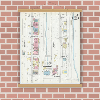 Old map wall art mockup — magnetic wood frame on brick wall — Sanborn Fire Insurance Map from Peru, La Salle County, Illinois (1892), Sheet #0004
