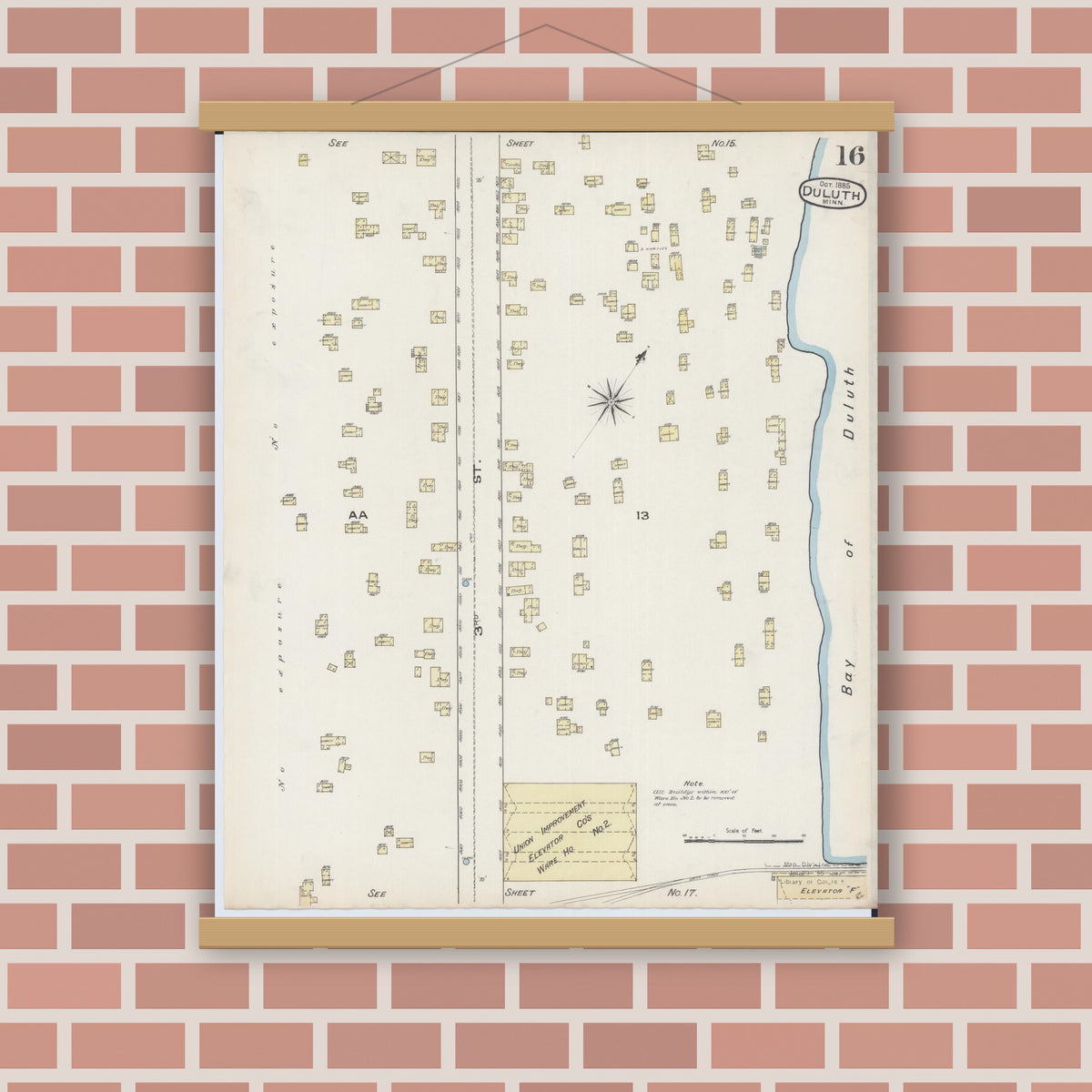 Old map wall art mockup — magnetic wood frame on brick wall — Sanborn Fire Insurance Map from Duluth, Saint Louis County, Minnesota (1885), Sheet #0016