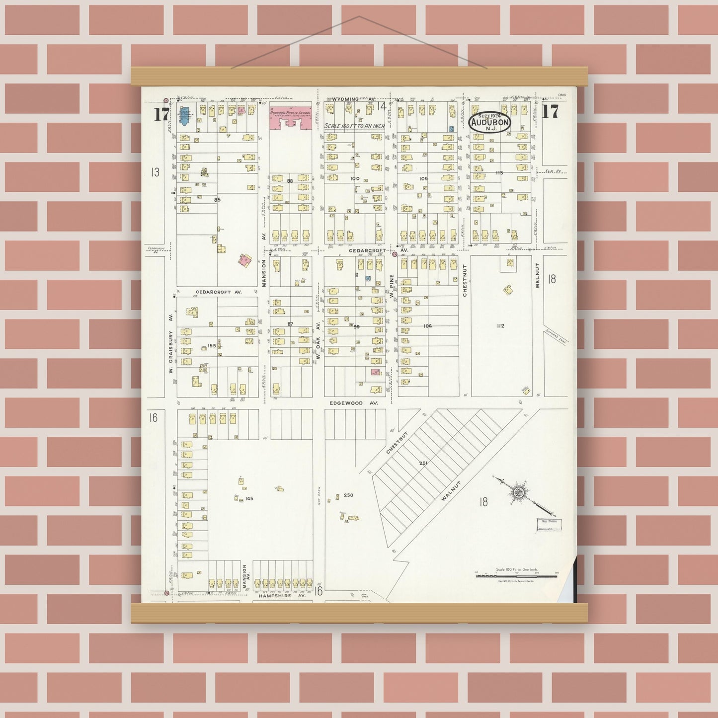 Old map wall art mockup — magnetic wood frame on brick wall — Sanborn Fire Insurance Map from Audubon, Camden County, New Jersey (1924), Sheet #0017