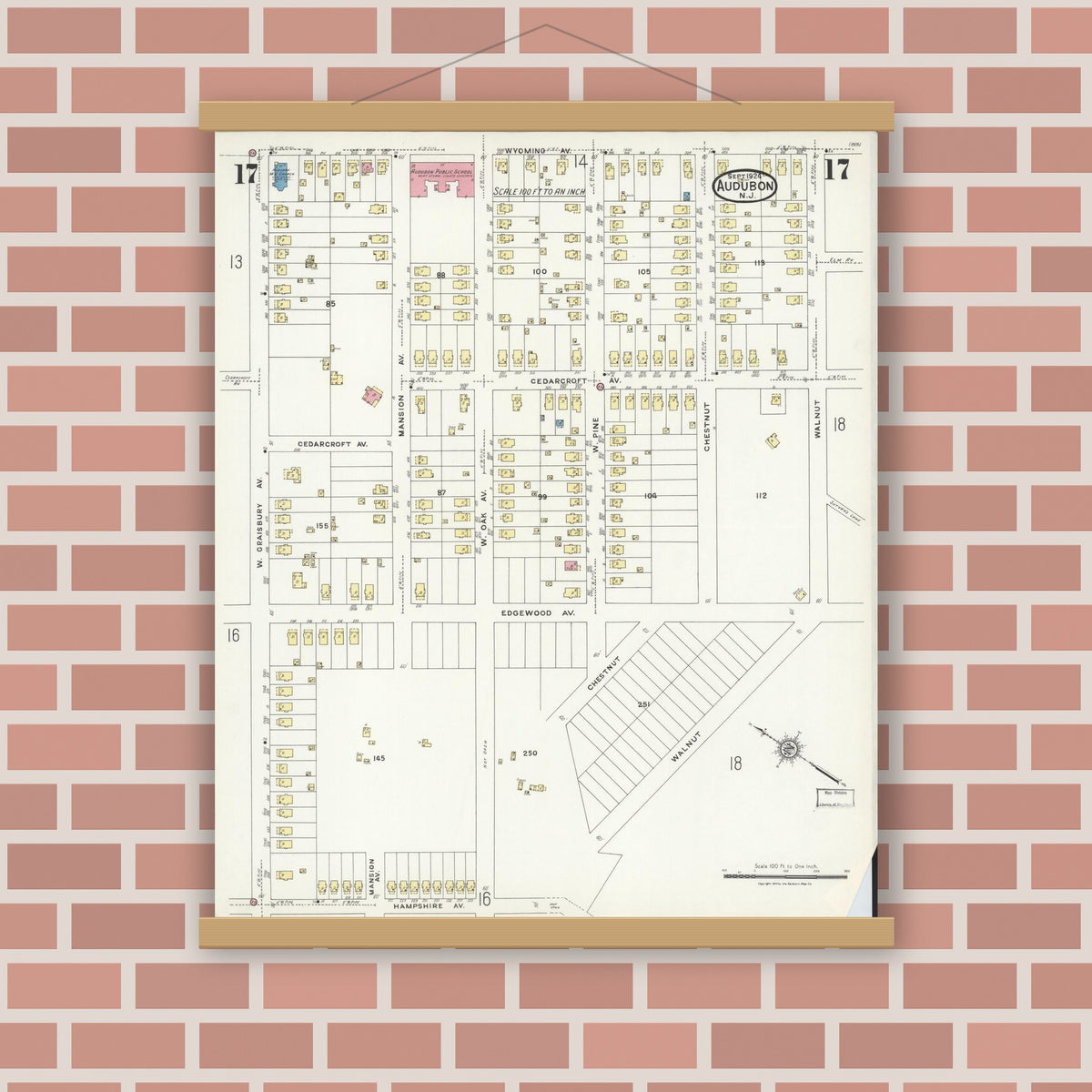 Old map wall art mockup — magnetic wood frame on brick wall — Sanborn Fire Insurance Map from Audubon, Camden County, New Jersey (1924), Sheet #0017