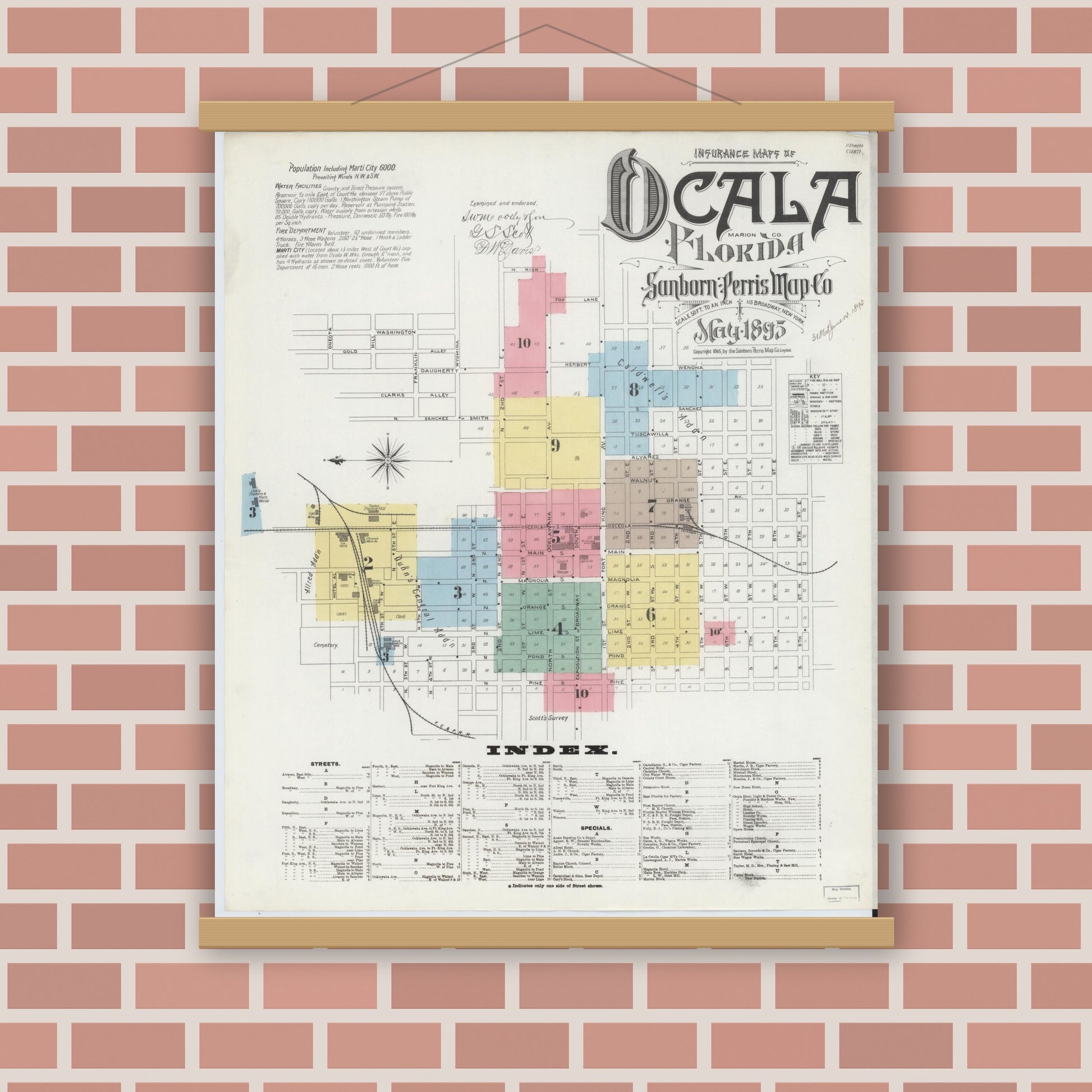 Old map wall art mockup — magnetic wood frame on brick wall — Sanborn Fire Insurance Map from Ocala, Marion County, Florida (1895) - Complete Map Set