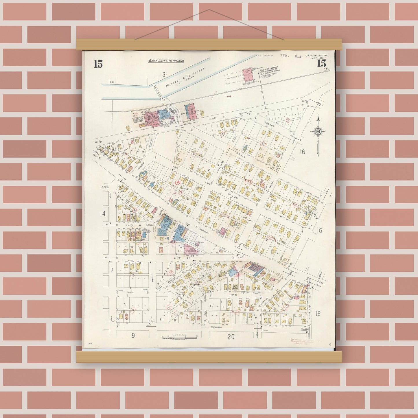 Old map wall art mockup — magnetic wood frame on brick wall — Sanborn Fire Insurance Map from Michigan City, La Porte County, Indiana (1948), Sheet #0015