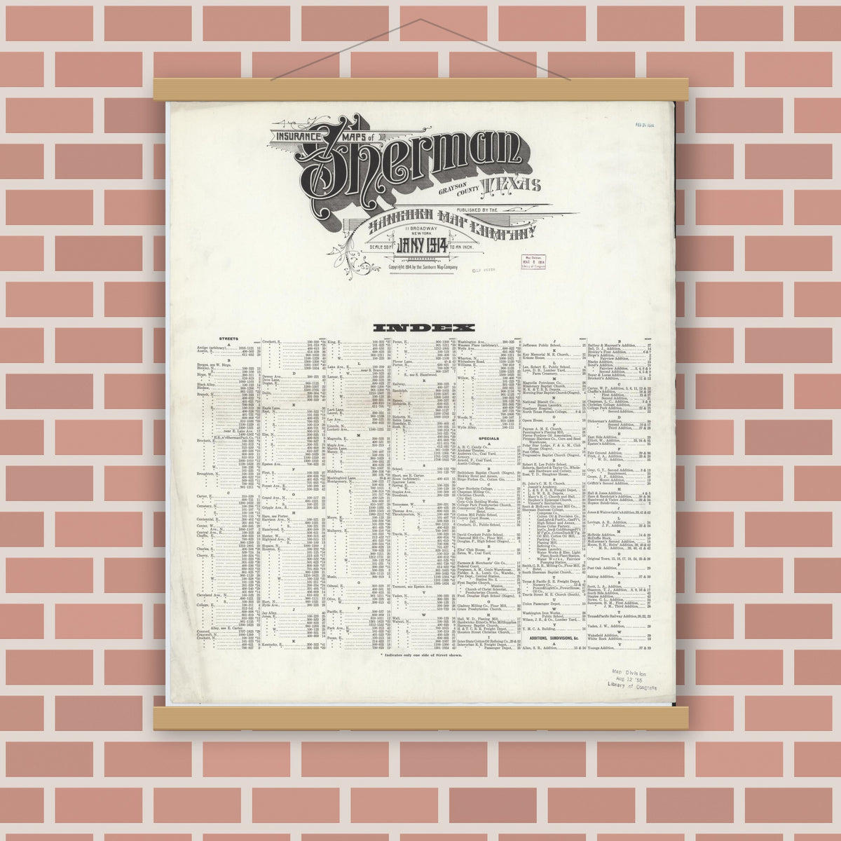 Old map wall art mockup — magnetic wood frame on brick wall — Sanborn Fire Insurance Map from Sherman, Grayson County, Texas (1914), Sheet #0001
