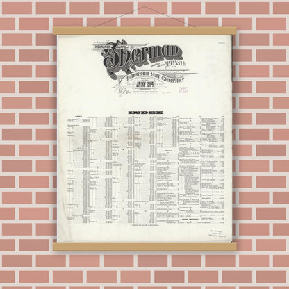 Old map wall art mockup — magnetic wood frame on brick wall — Sanborn Fire Insurance Map from Sherman, Grayson County, Texas (1914), Sheet #0001