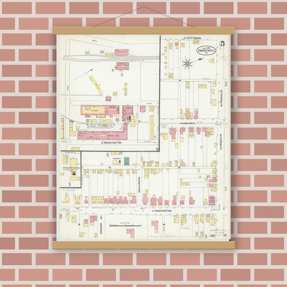 Old map wall art mockup — magnetic wood frame on brick wall — Sanborn Fire Insurance Map from Greencastle, Franklin County, Pennsylvania (1907), Sheet #0005