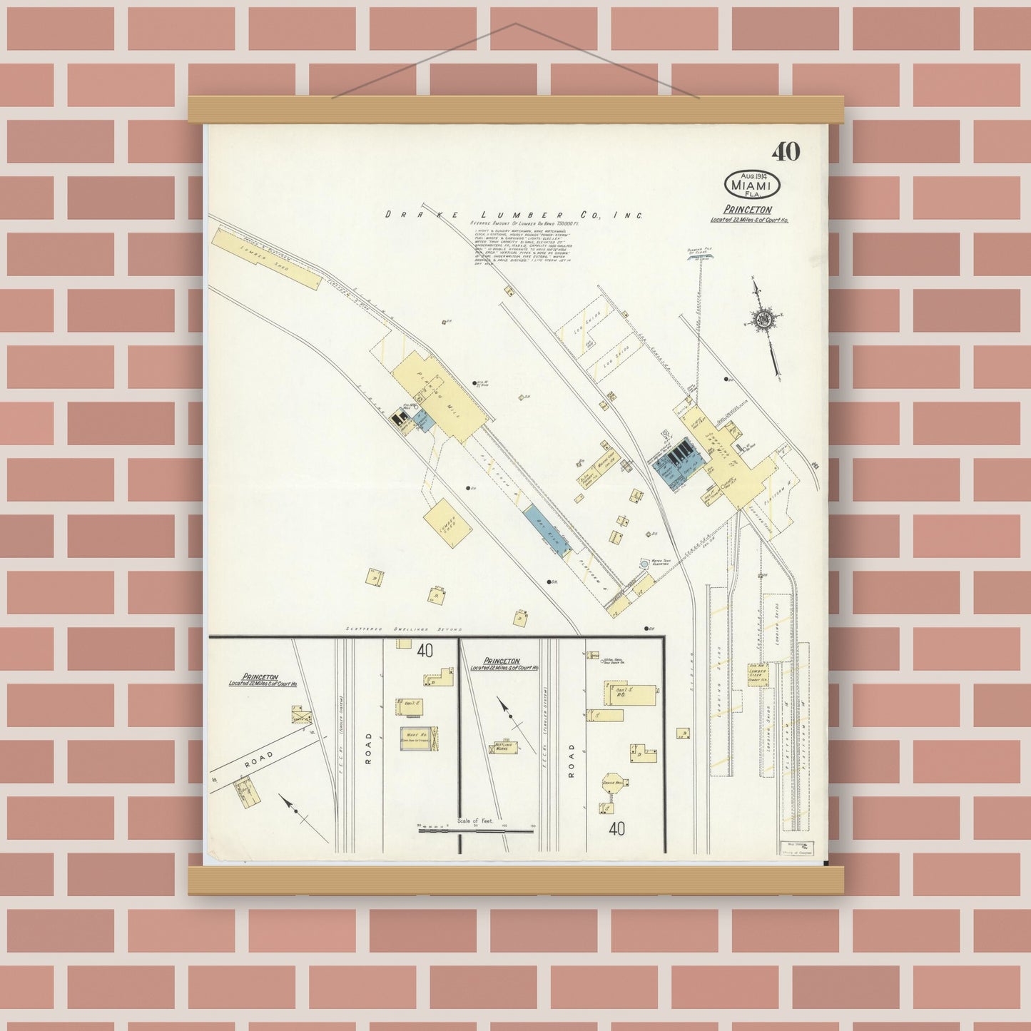 Old map wall art mockup — magnetic wood frame on brick wall — Sanborn Fire Insurance Map from Miami, Dade County, Florida (1914), Sheet #0040