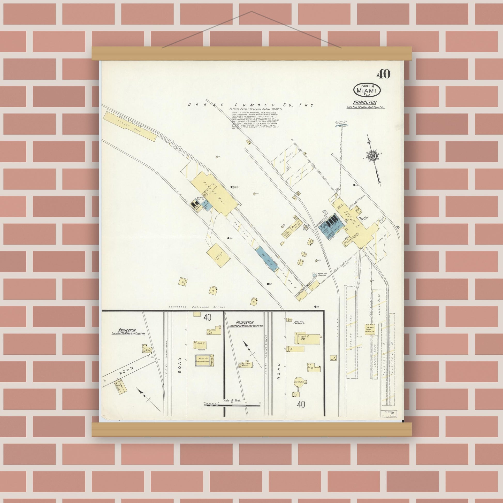 Old map wall art mockup — magnetic wood frame on brick wall — Sanborn Fire Insurance Map from Miami, Dade County, Florida (1914), Sheet #0040