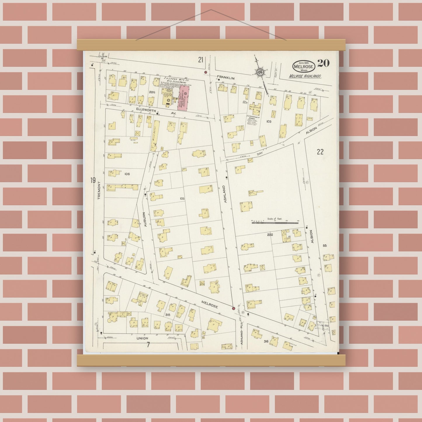 Old map wall art mockup — magnetic wood frame on brick wall — Sanborn Fire Insurance Map from Melrose, Middlesex County, Massachusetts (1915), Sheet #0020