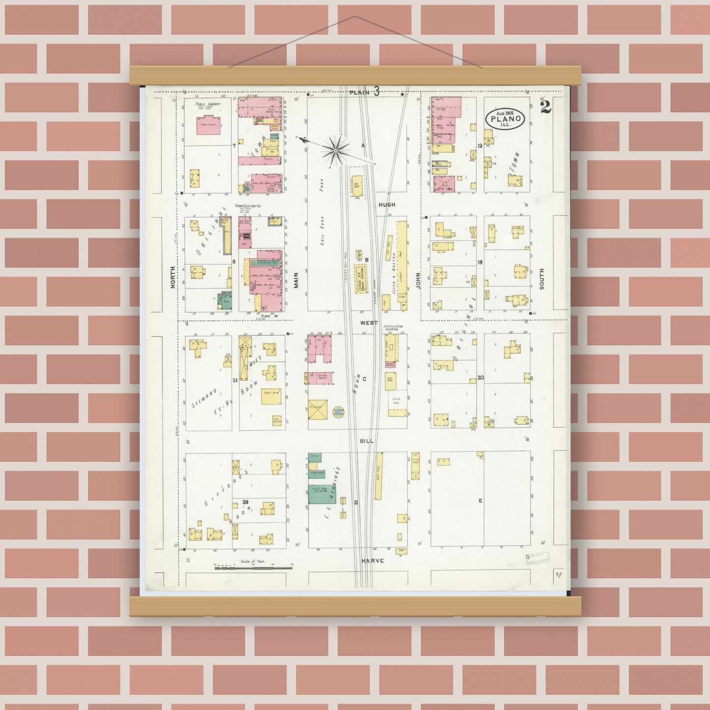 Old map wall art mockup — magnetic wood frame on brick wall — Sanborn Fire Insurance Map from Plano, Kendall County, Illinois (1905), Sheet #0002