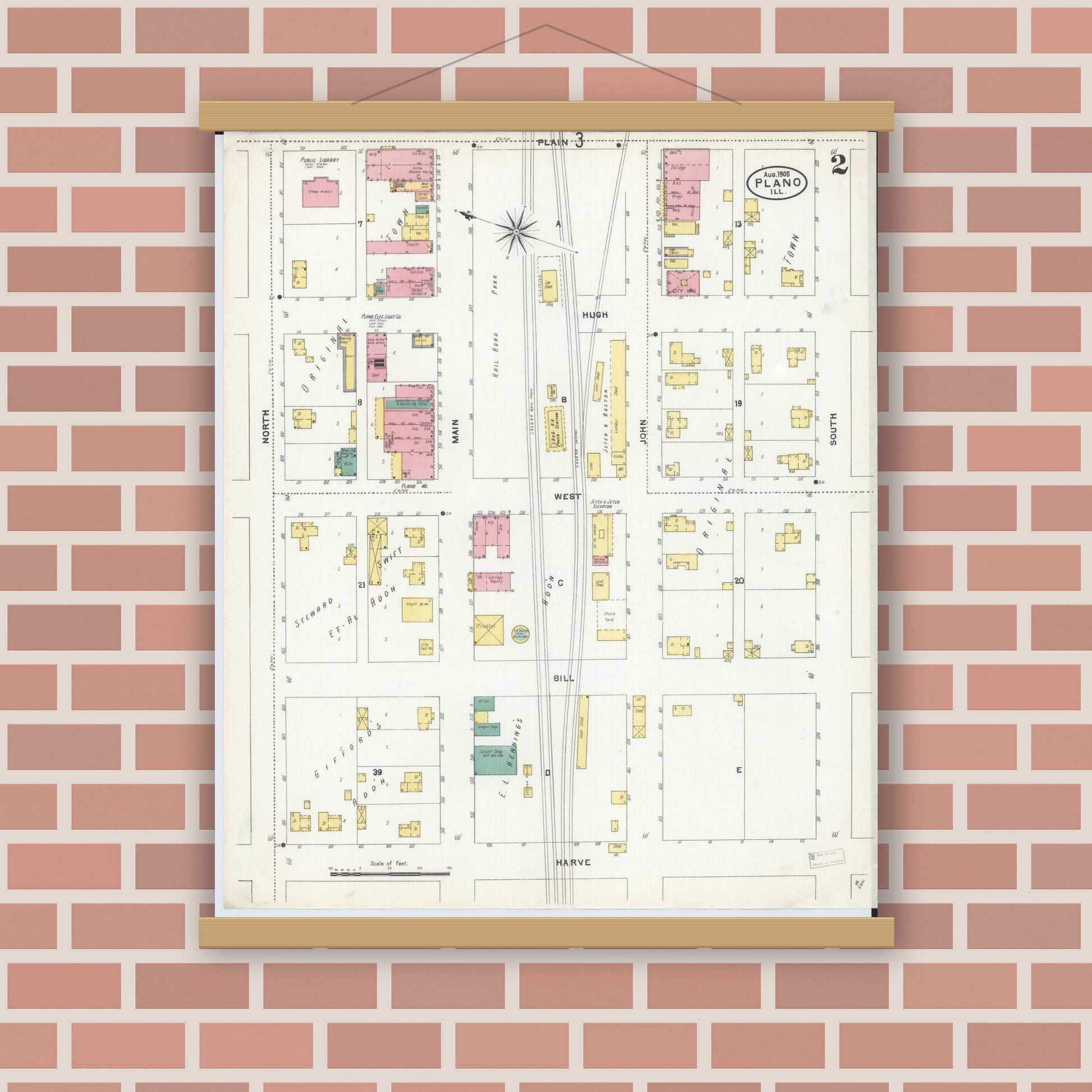 Old map wall art mockup — magnetic wood frame on brick wall — Sanborn Fire Insurance Map from Plano, Kendall County, Illinois (1905), Sheet #0002