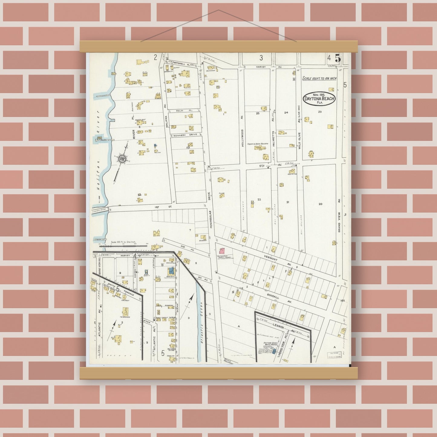 Old map wall art mockup — magnetic wood frame on brick wall — Sanborn Fire Insurance Map from Daytona Beach, Volusia County, Florida (1916), Sheet #0005