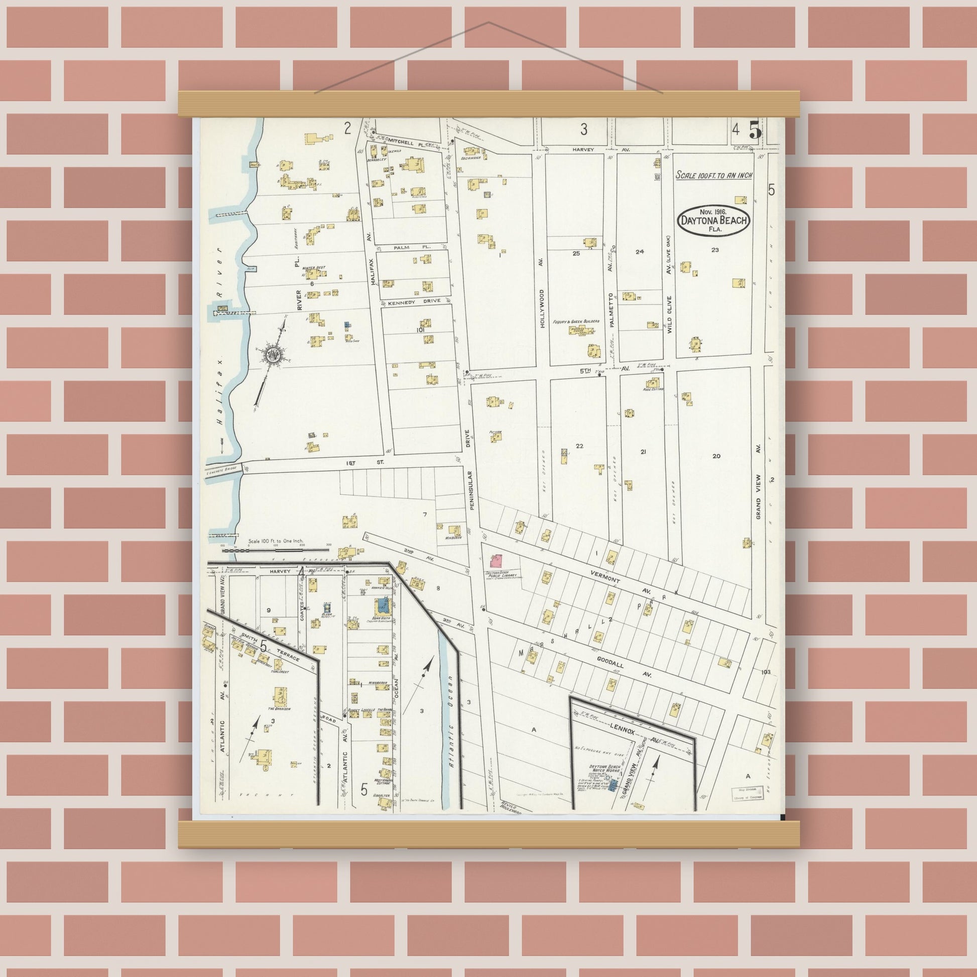 Old map wall art mockup — magnetic wood frame on brick wall — Sanborn Fire Insurance Map from Daytona Beach, Volusia County, Florida (1916), Sheet #0005