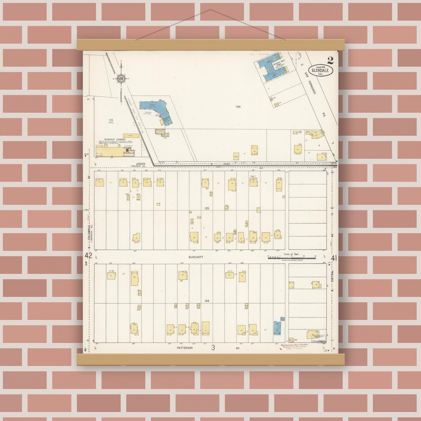 Old map wall art mockup — magnetic wood frame on brick wall — Sanborn Fire Insurance Map from Glendale, Los Angeles County, California (1919), Sheet #0002