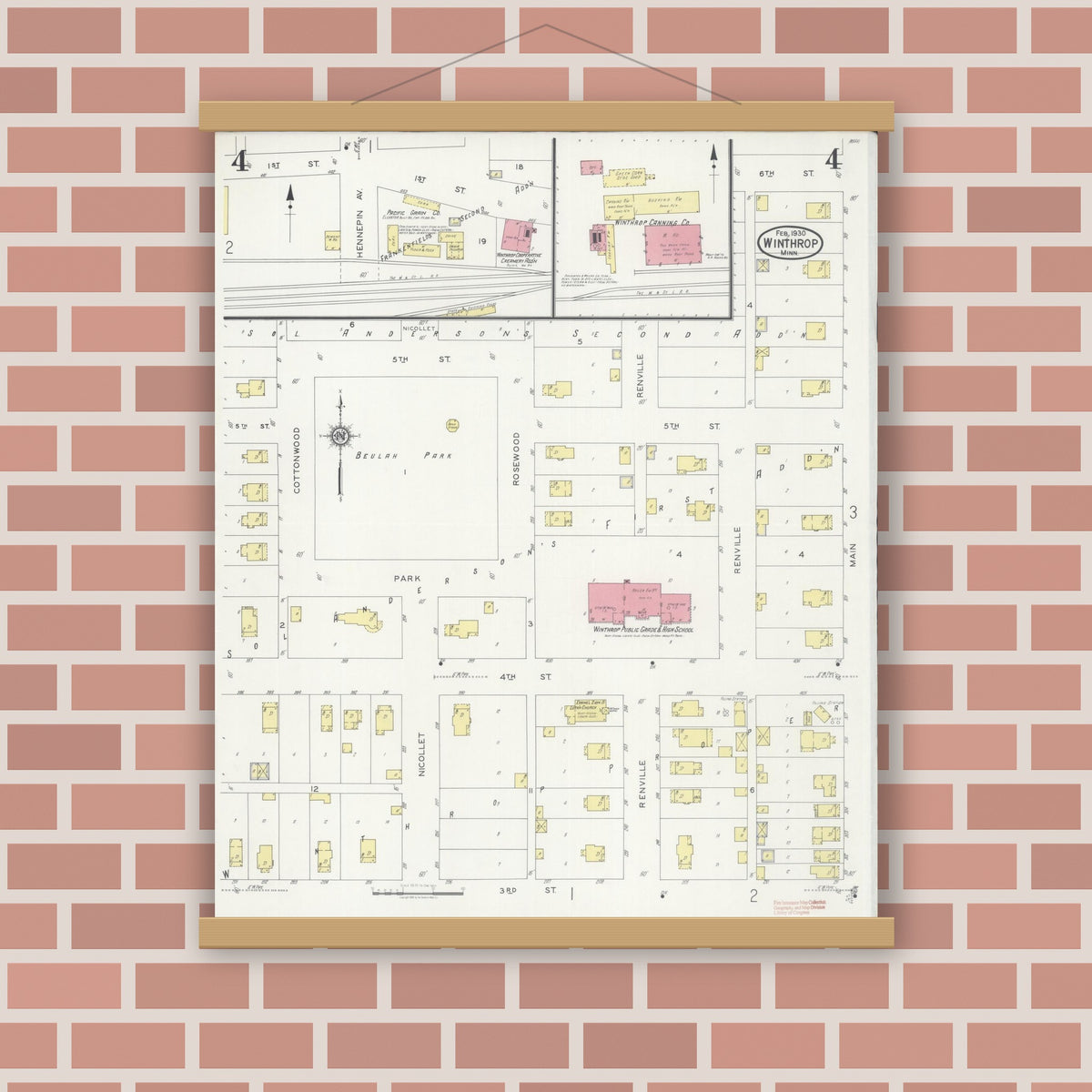 Old map wall art mockup — magnetic wood frame on brick wall — Sanborn Fire Insurance Map from Winthrop, Sibley County, Minnesota (1930), Sheet #0004