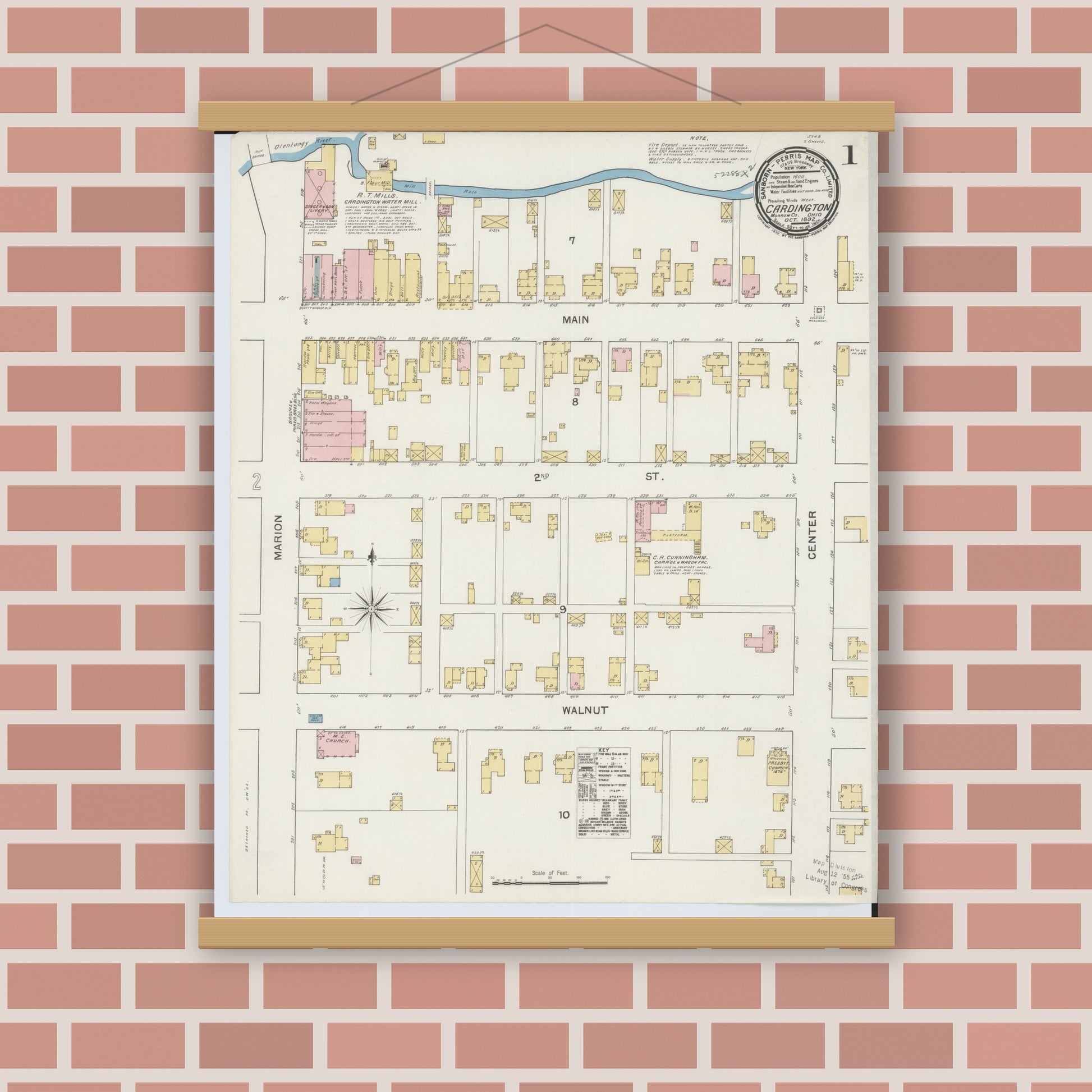 Old map wall art mockup — magnetic wood frame on brick wall — Sanborn Fire Insurance Map from Cardington, Morrow County, Ohio (1892) - Complete Map Set