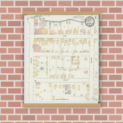 Old map wall art mockup — magnetic wood frame on brick wall — Sanborn Fire Insurance Map from Cardington, Morrow County, Ohio (1892) - Complete Map Set
