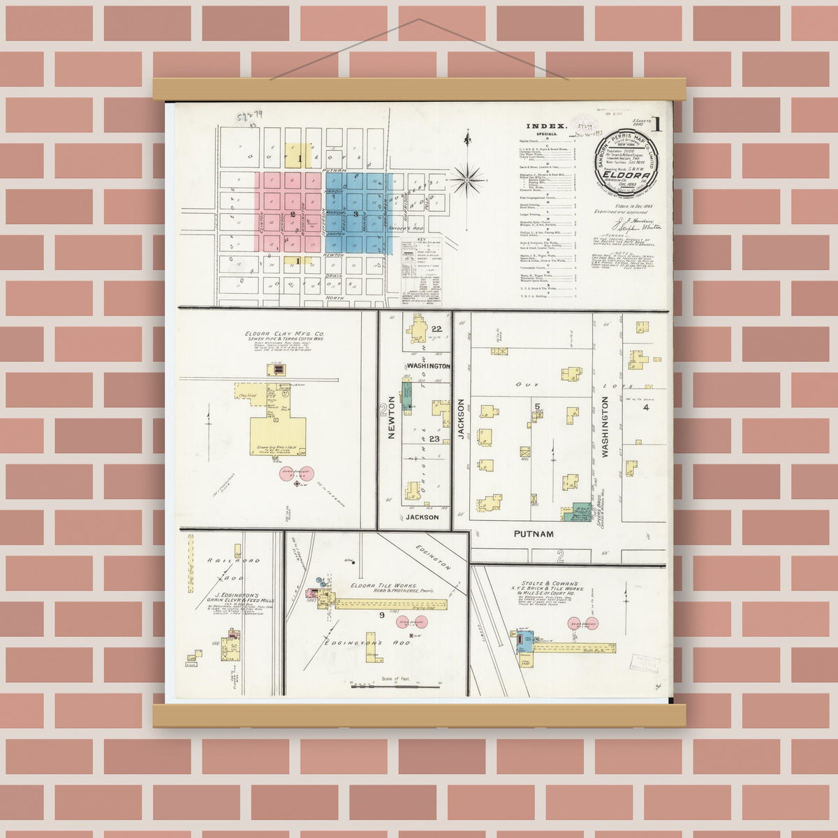 Old map wall art mockup — magnetic wood frame on brick wall — Sanborn Fire Insurance Map from Eldora, Hardin County, Iowa (1893) â€” Complete Set
