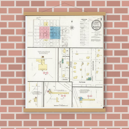 Old map wall art mockup — magnetic wood frame on brick wall — Sanborn Fire Insurance Map from Eldora, Hardin County, Iowa (1893) â€” Complete Set