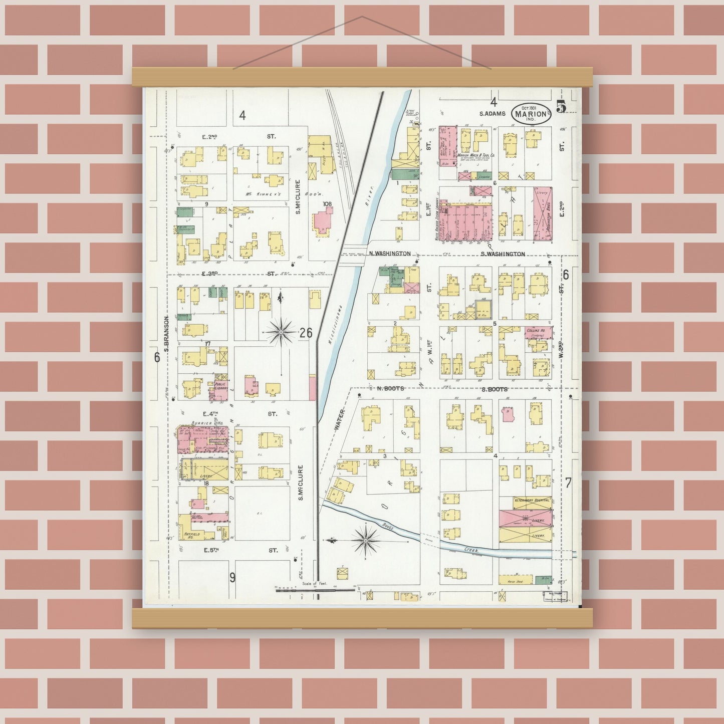 Old map wall art mockup — magnetic wood frame on brick wall — Sanborn Fire Insurance Map from Marion, Grant County, Indiana (1901), Sheet #0005